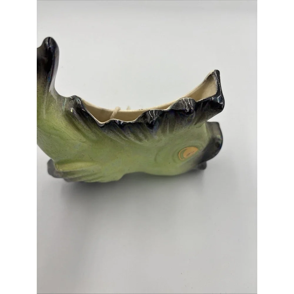 Vintage Ceramic Fish Wall Pocket Planter Green Pink Brown Mid Century